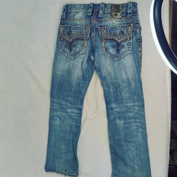 Mens Rock Revival JAMES Straight Jeans Leather Inserts Flap Pockets 30x28 - Picture 11 of 16
